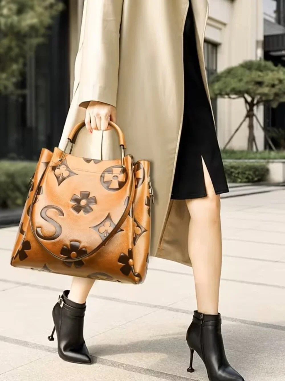 Caramel Floral & Monogram Tote Bag